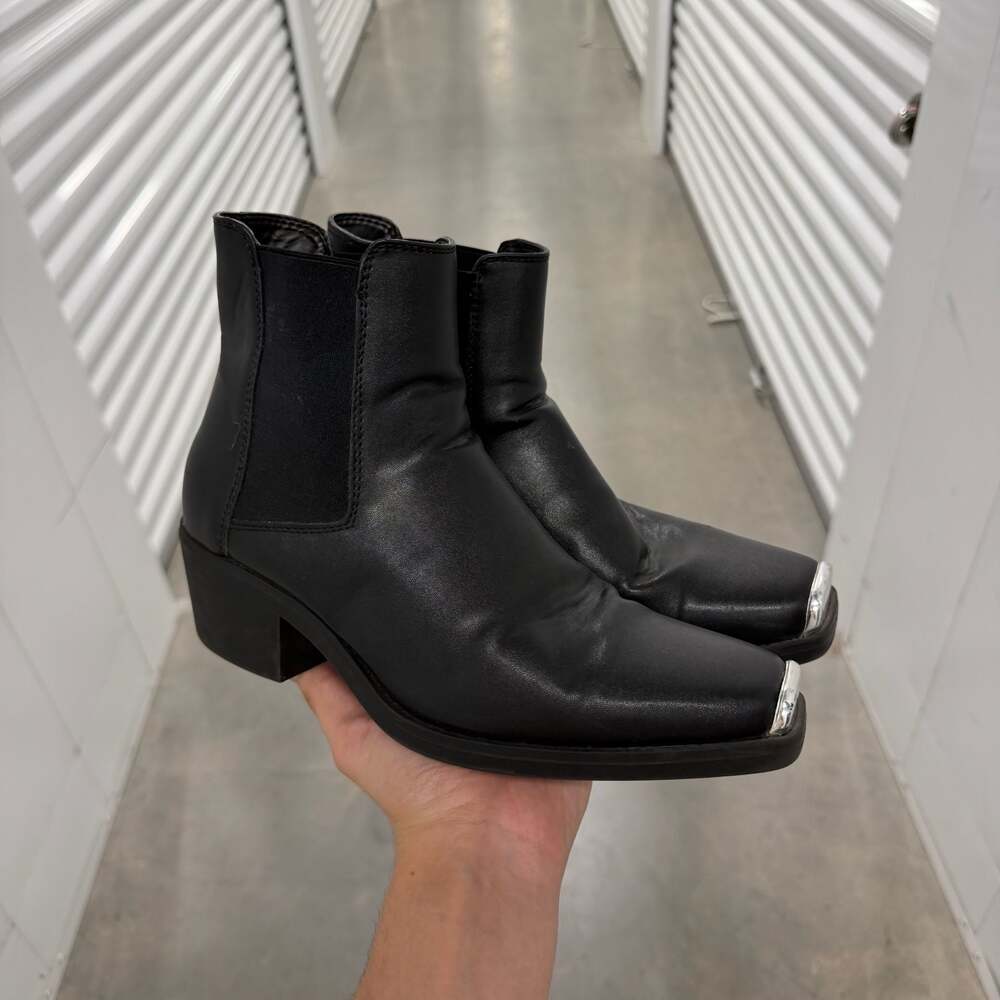 ASOS DESIGN Black Faux Leather Square Toe Chelsea Boots with Silver Toe Cap, Siz
